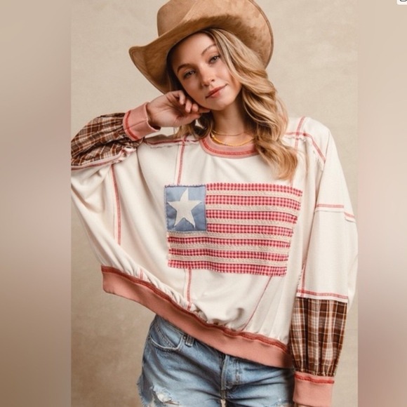 BiBi Tops - NWT BIBI‎ American Flag Patch Distressed Graphic Sweatshirt Women's Size XL